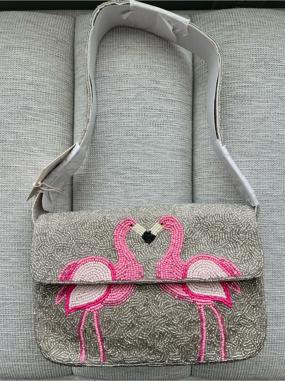 NEW WITH TAGS Sol + Mer Silver Beaded Shoulder Bag with Pink Flamingo Motif